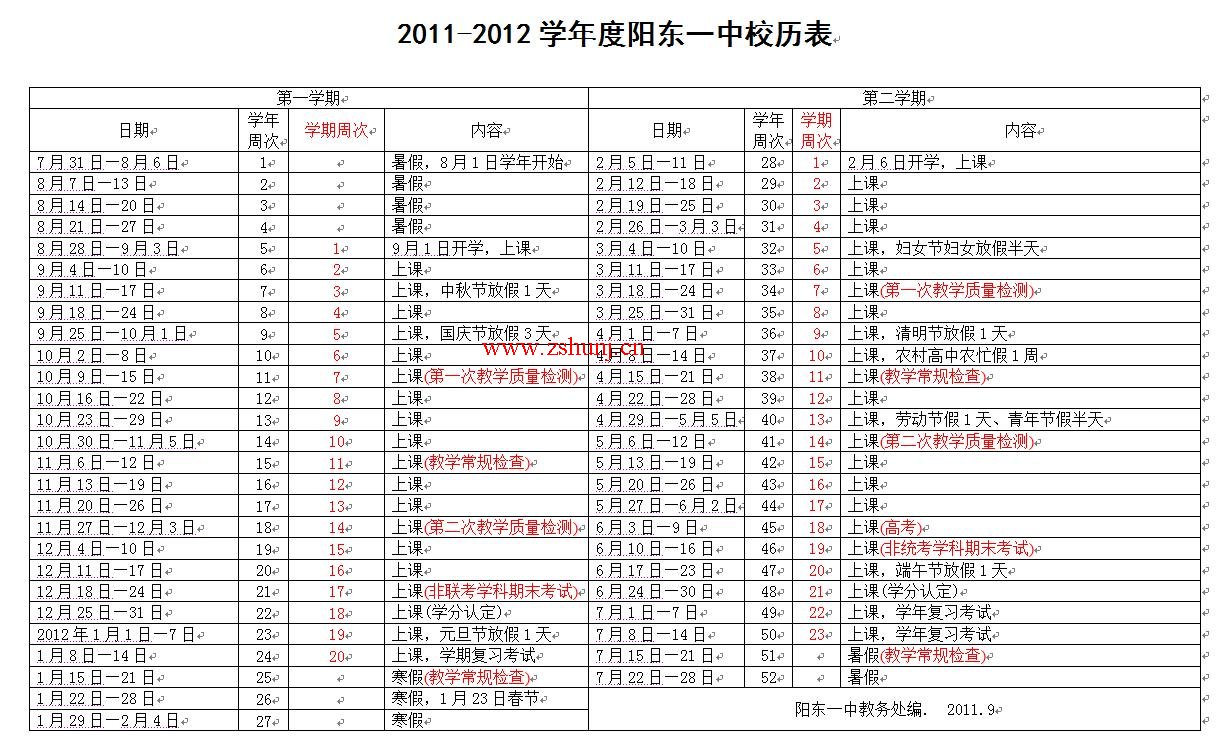 2011-2012学年度校历、周次表